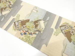手織り真綿紬　時代風景模様織り出し　袋帯
